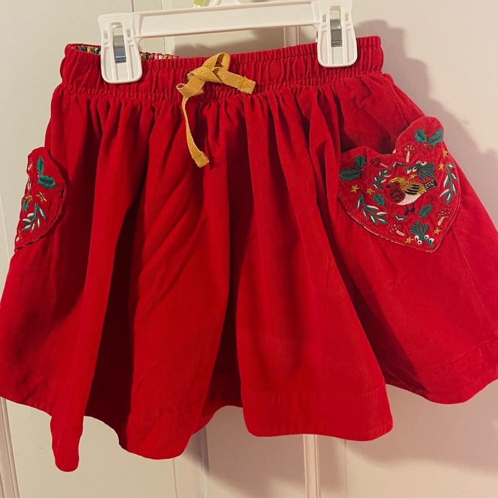 Mini Boden Red Corduroy Skirt (sz 6/7) Embroidered Birds